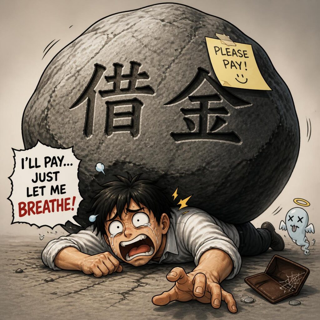 借金につぶされる男性のイラスト